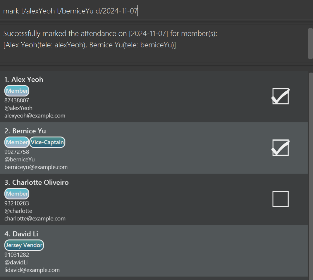 result of command `mark t/alexYeoh t/berniceYu d/2024-11-07`